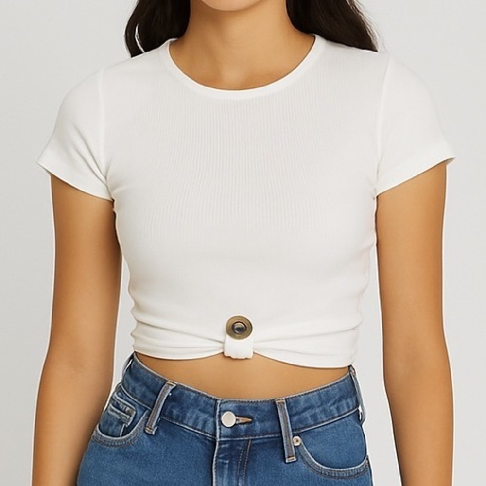 Elodie Short Sleeve Ribbed Round Neck Casual‎ Chic Style Cropped Top Size XL NWT